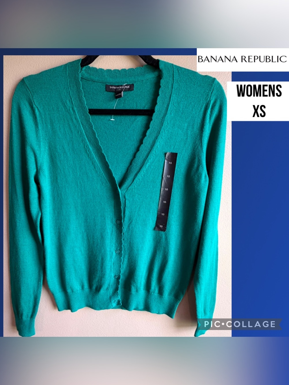 Banana Republic Womens Cardigan Green Button Front Sweater Scalloped Neckline XS